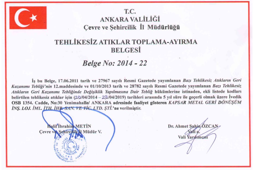 Tehlikesiz Atıklar Toplama Ayırma Belgesi
